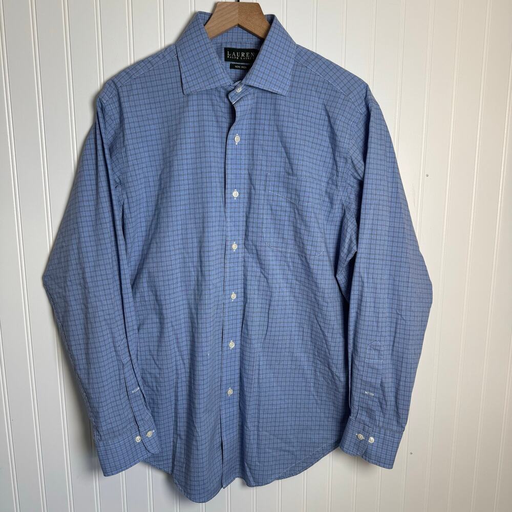 Lauren Ralph Lauren Mens Blue Checkered Button Down Long Sleeve 100% Cotton 16.5
